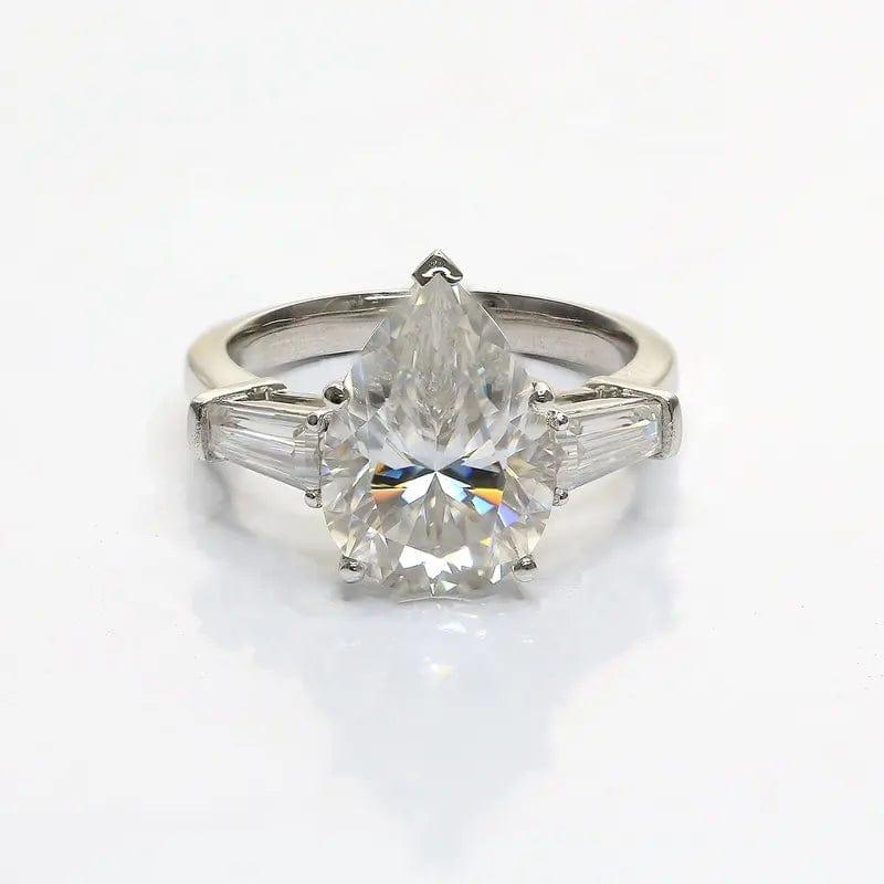 2.10CT Pear Cut Side Baguette Three Stone Moissanite Engagement Ring - JBR Jeweler