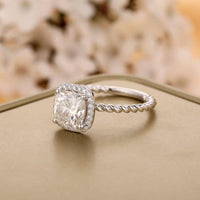 2.50CT Cushion Cut Moissanite Center Swirl Shank Halo Engagement Ring - JBR Jeweler