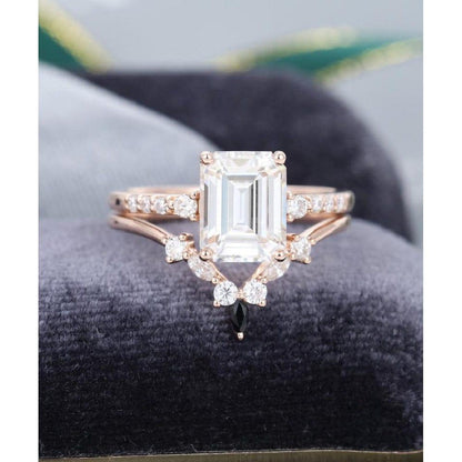 2.50CT Emerald Cut Marquise Cut Vintage Rose Gold Moissanite Engagement Ring With Matching Band - JBR Jeweler