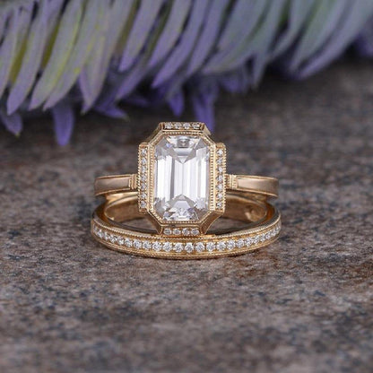 2.50CT Emerald Cut Yellow Gold Vintage Half Eternity Moissanite Engagement Ring Bridal Set - JBR Jeweler