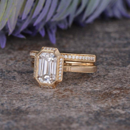 2.50CT Emerald Cut Yellow Gold Vintage Half Eternity Moissanite Engagement Ring Bridal Set - JBR Jeweler