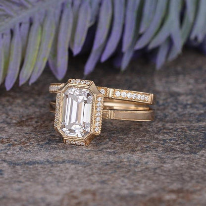 2.50CT Emerald Cut Yellow Gold Vintage Half Eternity Moissanite Engagement Ring Bridal Set - JBR Jeweler