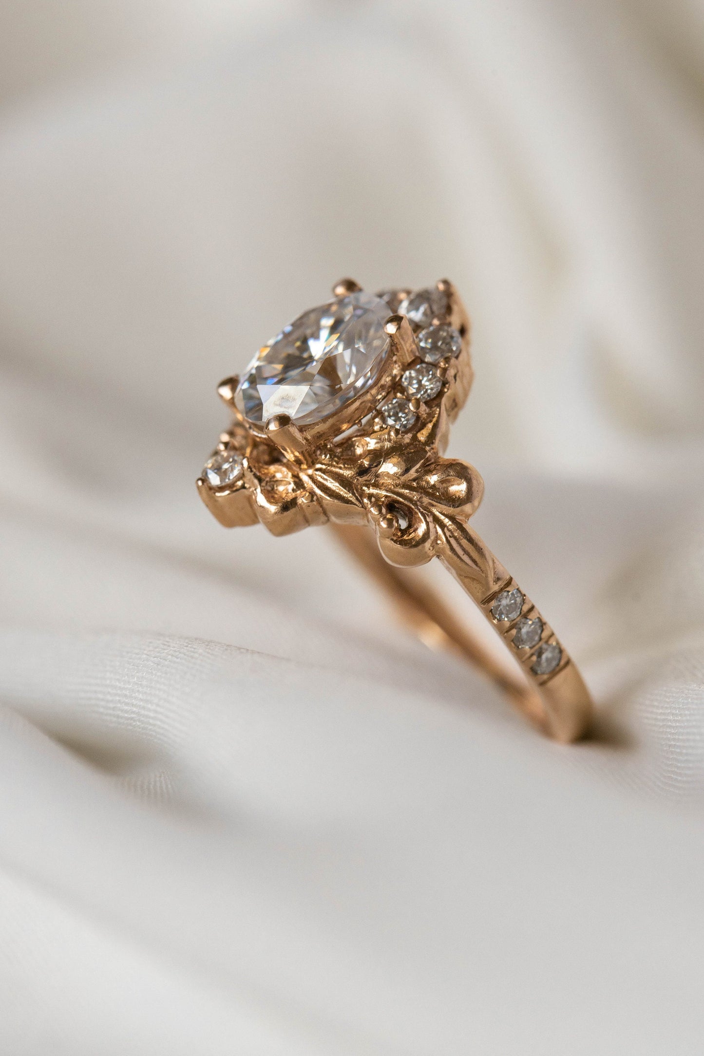 2.20 CT Oval Cut Lab Diamond Baroque Inspired Halo with Flourish Scrollwork Ethical Engagement Ring