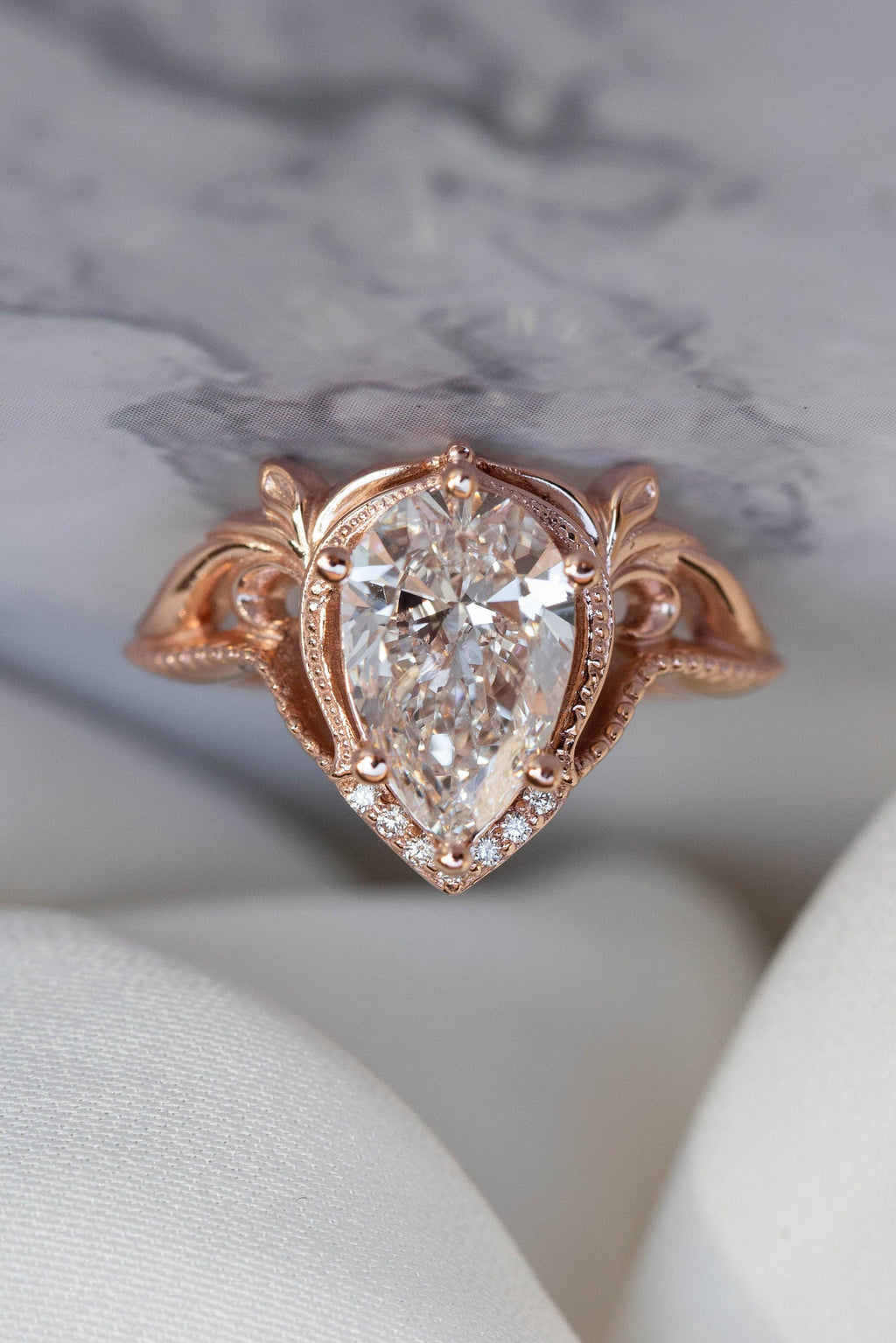 2.5 Carat Pear-Cut Lab Diamond Engagement Ring  Art Nouveau Leafy Design