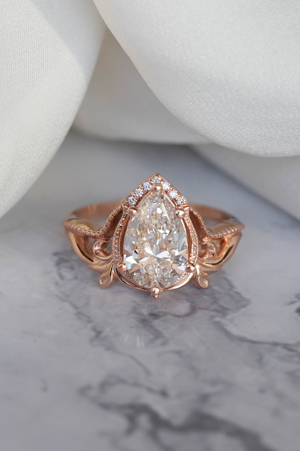 2.5 Carat Pear-Cut Lab Diamond Engagement Ring  Art Nouveau Leafy Design