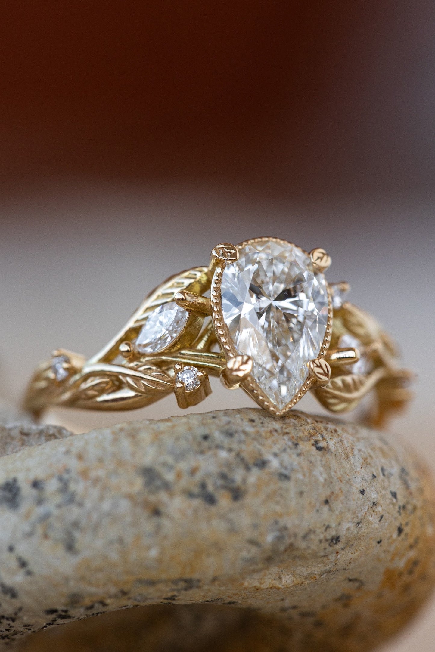 2 CT Pear Cut Lab-Grown Diamond Engagement Ring Set Nature-Inspired Stacking Rings for Bride