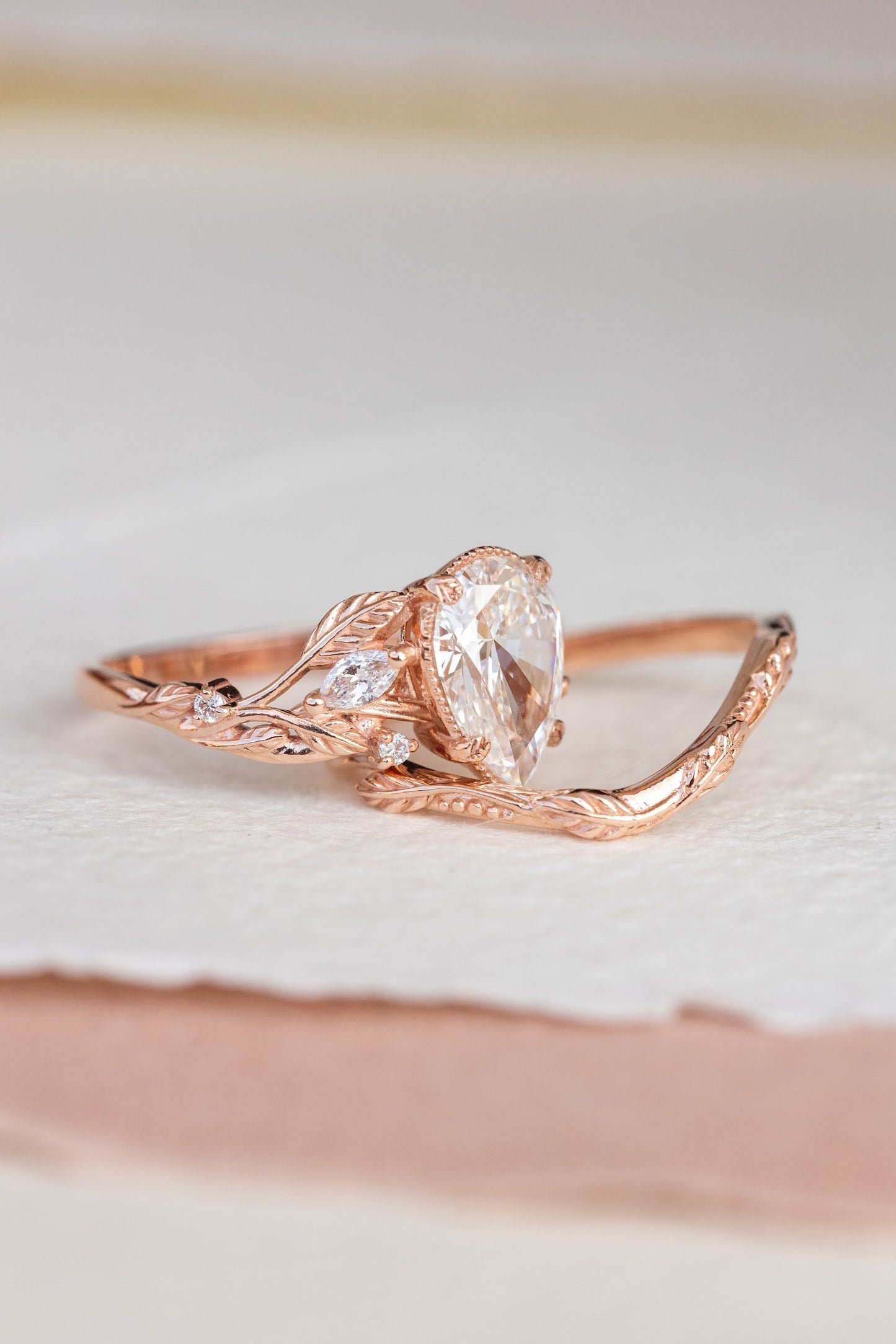 2 CT Pear Cut Lab-Grown Diamond Engagement Ring Set Nature-Inspired Stacking Rings for Bride