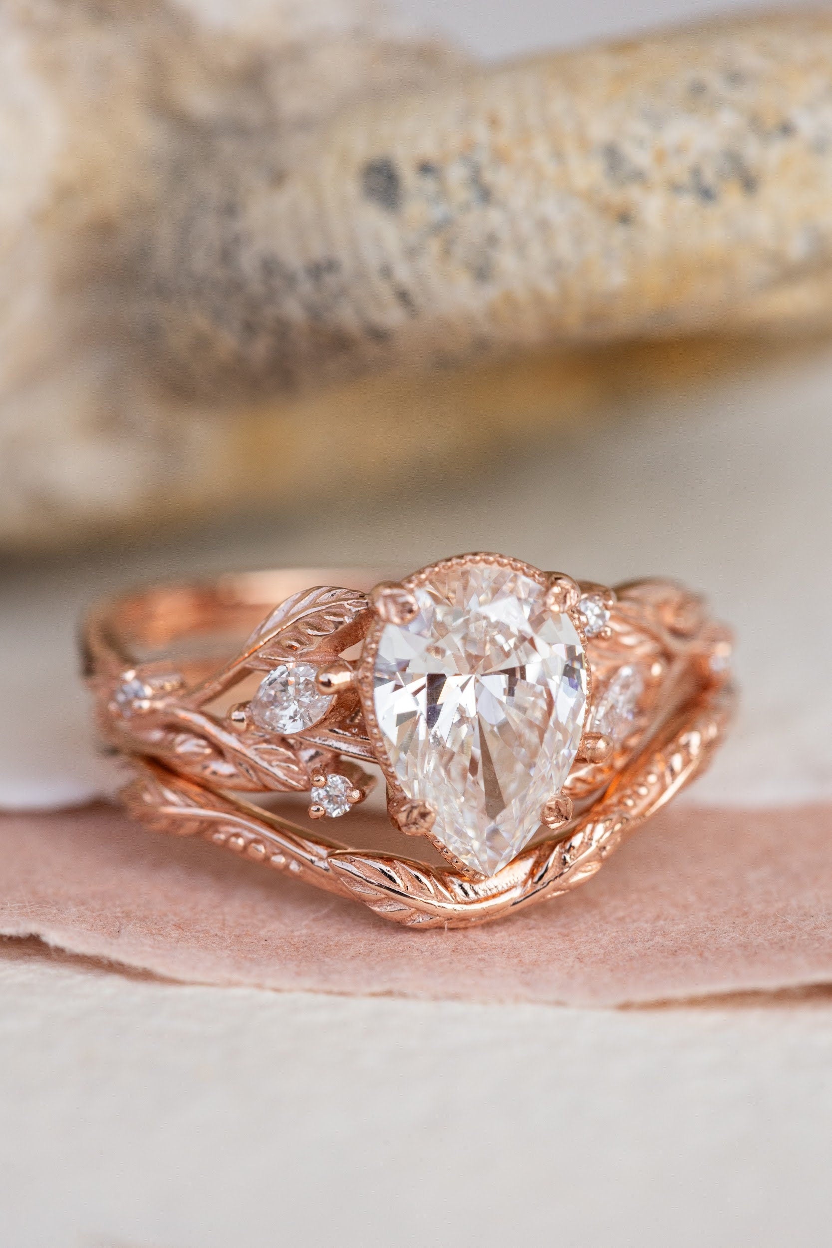 2 CT Pear Cut Lab-Grown Diamond Engagement Ring Set Nature-Inspired Stacking Rings for Bride