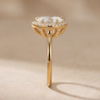 14K gold halo ring with pear moissanite side view