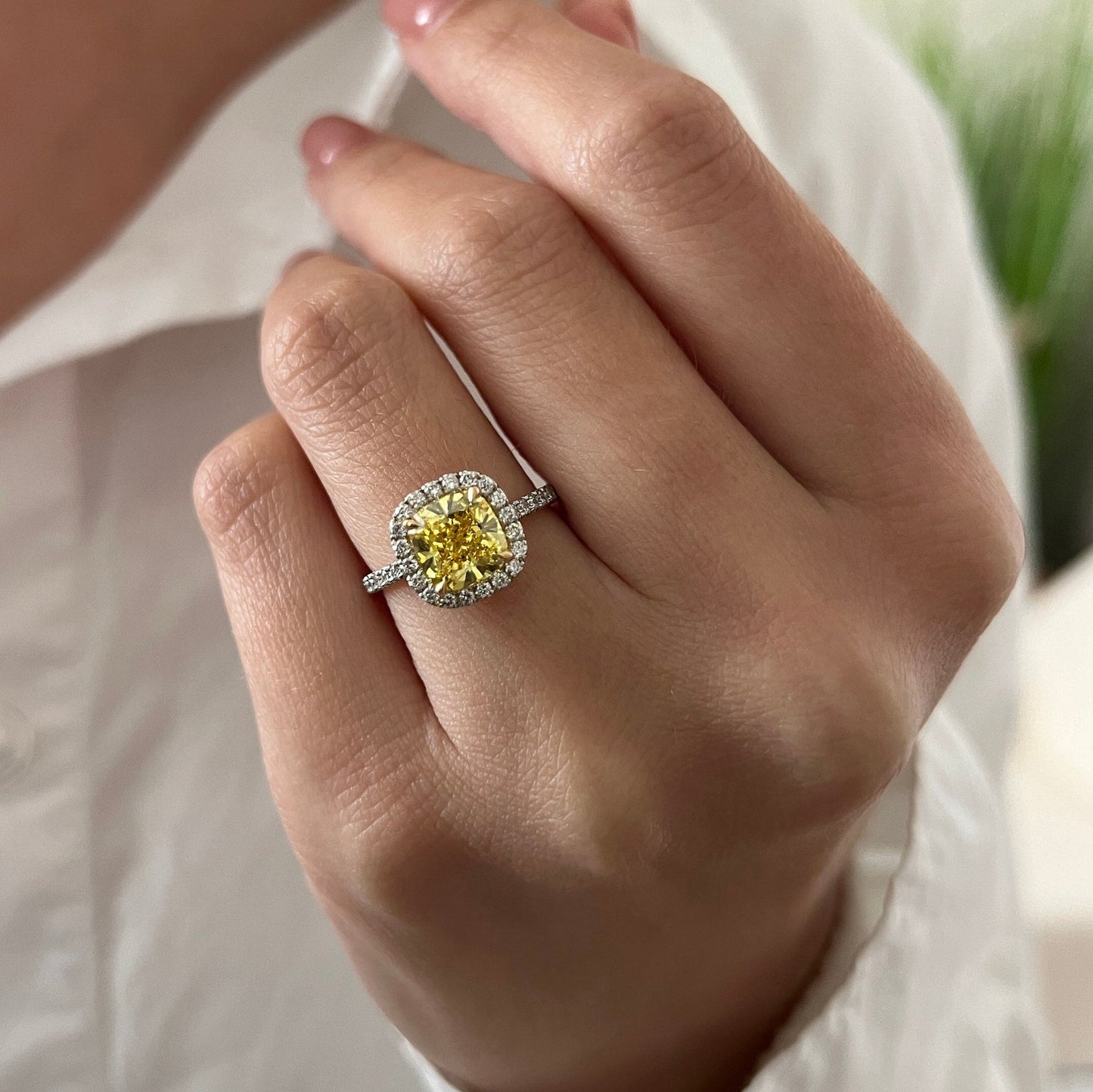 2 Carat Cushion Fancy Intense Yellow Lab-Grown Diamond Halo Engagement Ring