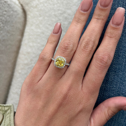 2 Carat Cushion Fancy Intense Yellow Lab-Grown Diamond Halo Engagement Ring