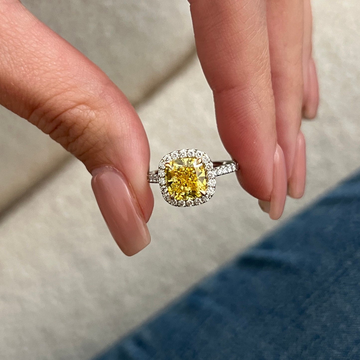 2 Carat Cushion Fancy Intense Yellow Lab-Grown Diamond Halo Engagement Ring