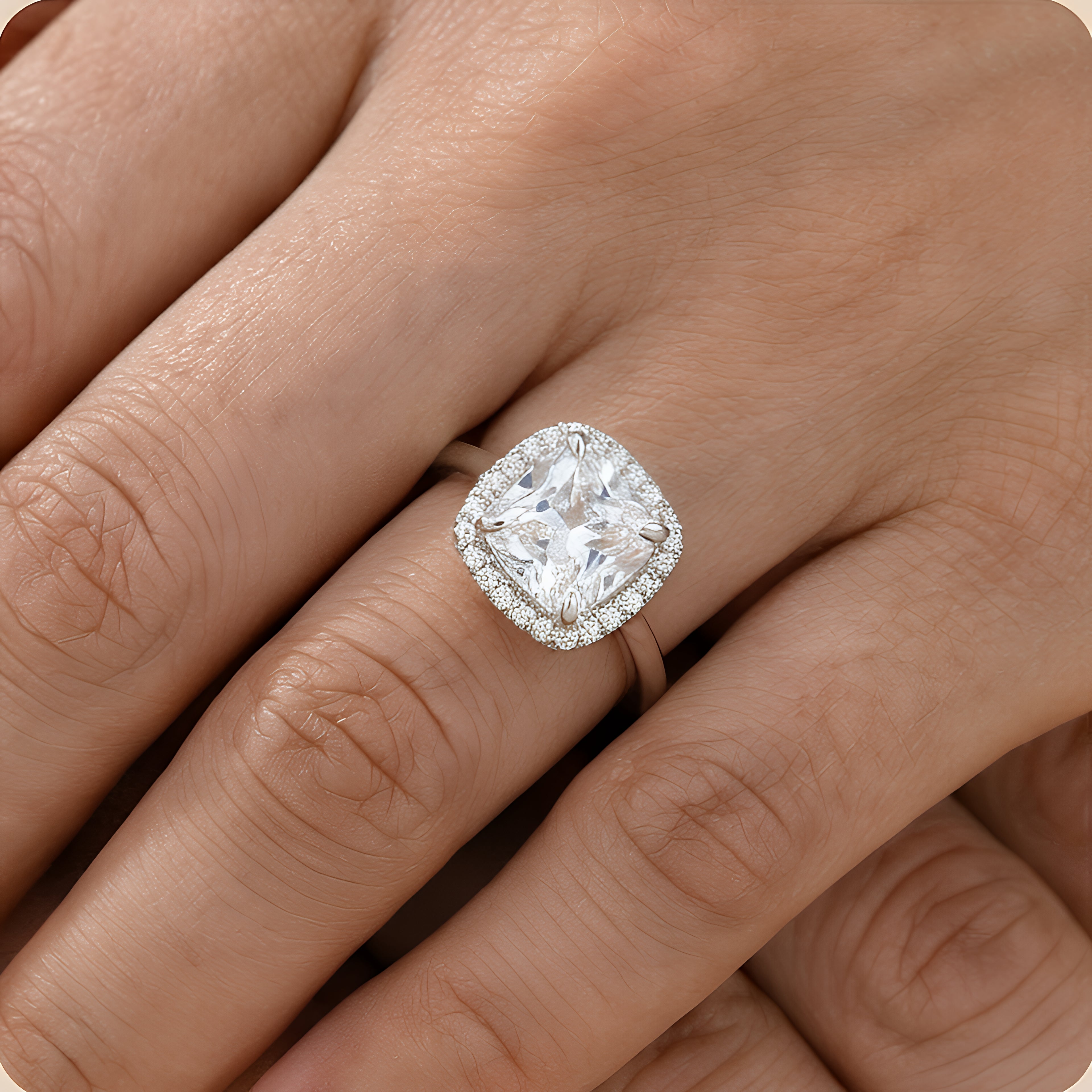 IGI Certified 2Ct Cushion Lab Grown Diamond Ring on Model's Hand