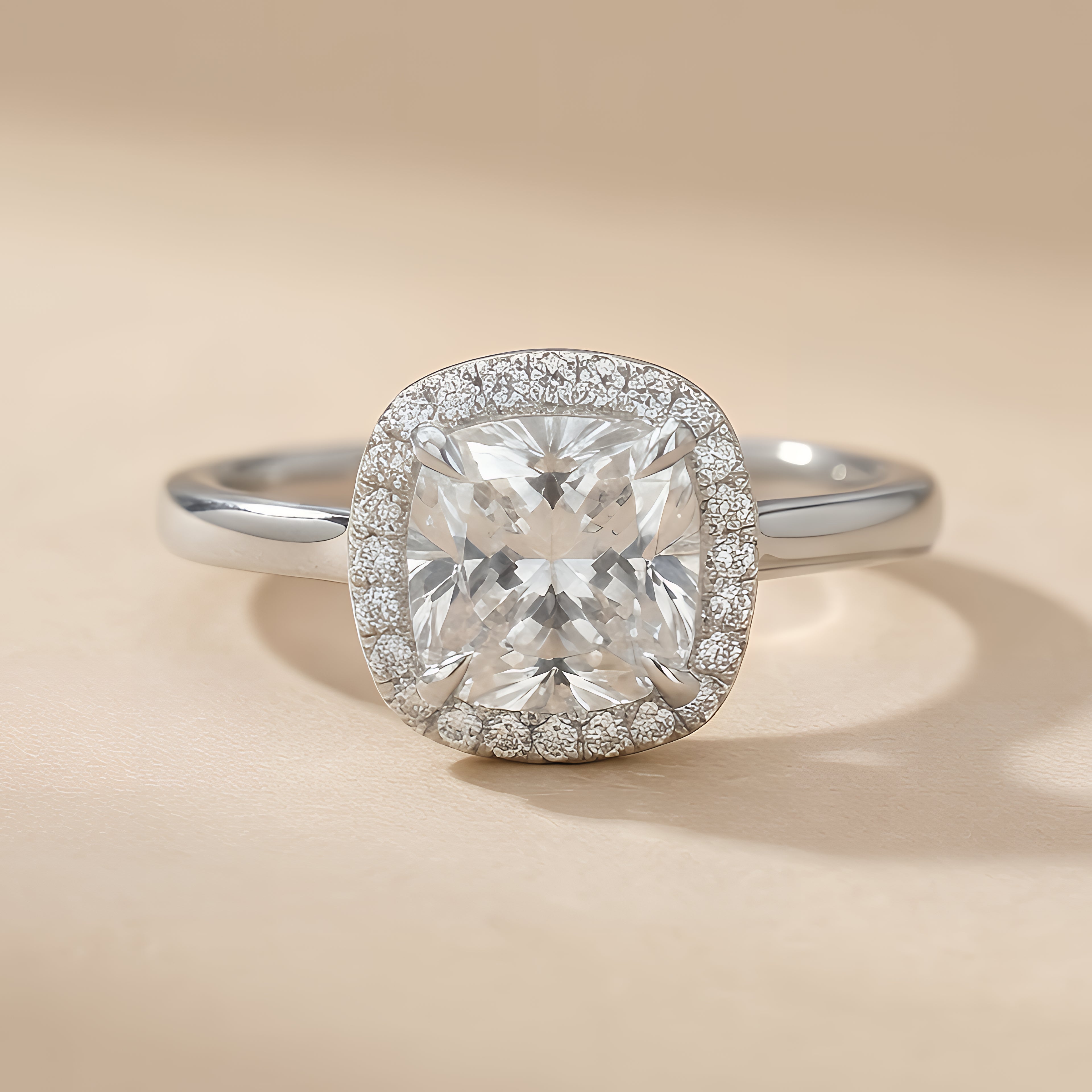 2Ct Cushion Cut Lab Grown Diamond Solitaire Halo Ring for Women - Front View