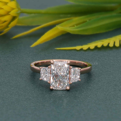 2Ct Radiant Cut Lab Grown Side Trapezoid Engagement Ring