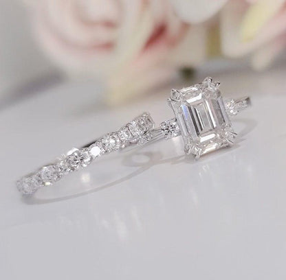 2CT Emerald Cut Certified Lab-Grown Diamond Ring wedding Bridal Set - JBR Jeweler