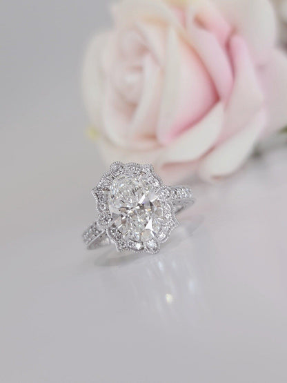 2Ct Halo Oval Shaped Vintage inspired Moissanite Diamond Engagement Ring - JBR Jeweler