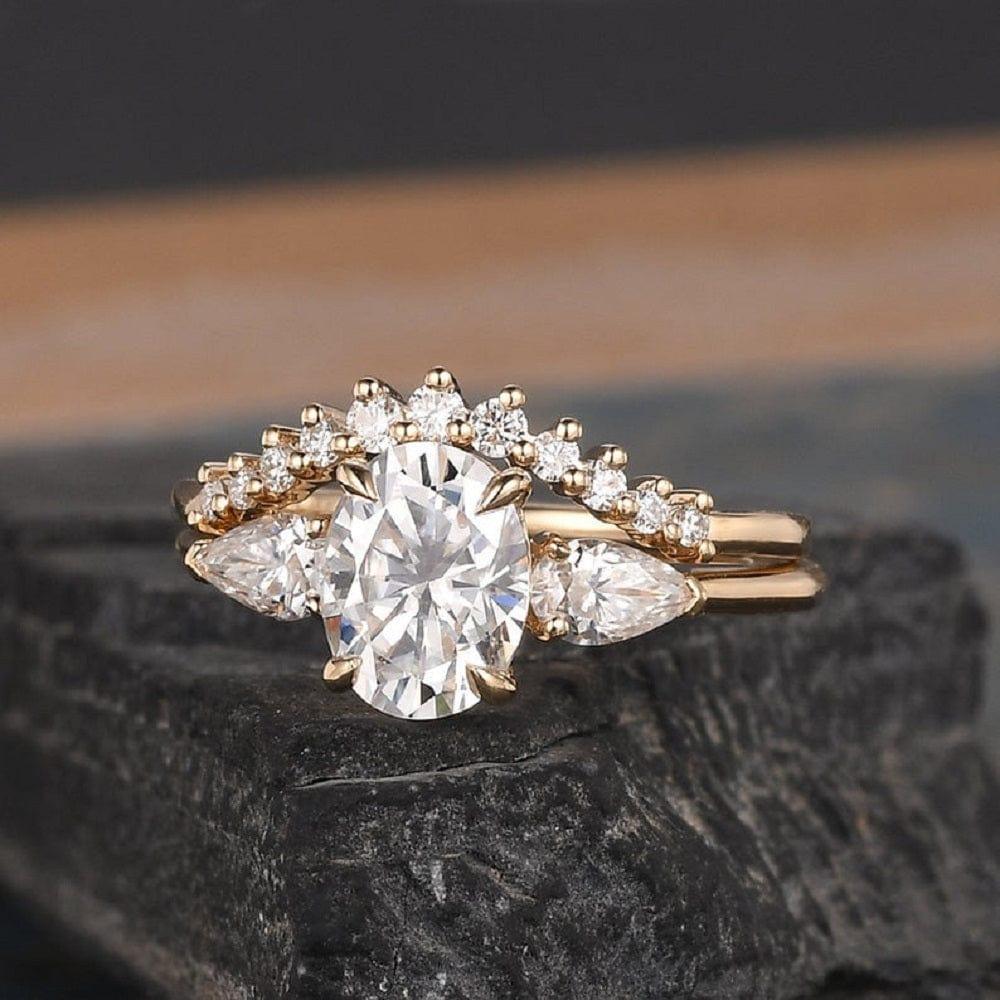 2CT Oval Cut Pear Shaped Three Stone Moissanite Bridal Set Ring - JBR Jeweler