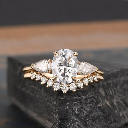 2CT Oval Cut Pear Shaped Three Stone Moissanite Bridal Set Ring - JBR Jeweler