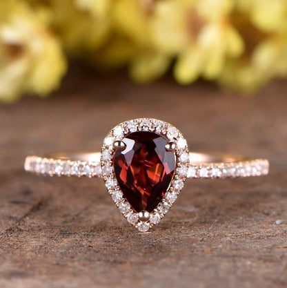 2ct Pear Shaped Garnet Rose Gold Diamond Wedding Bridal Ring - JBR Jeweler