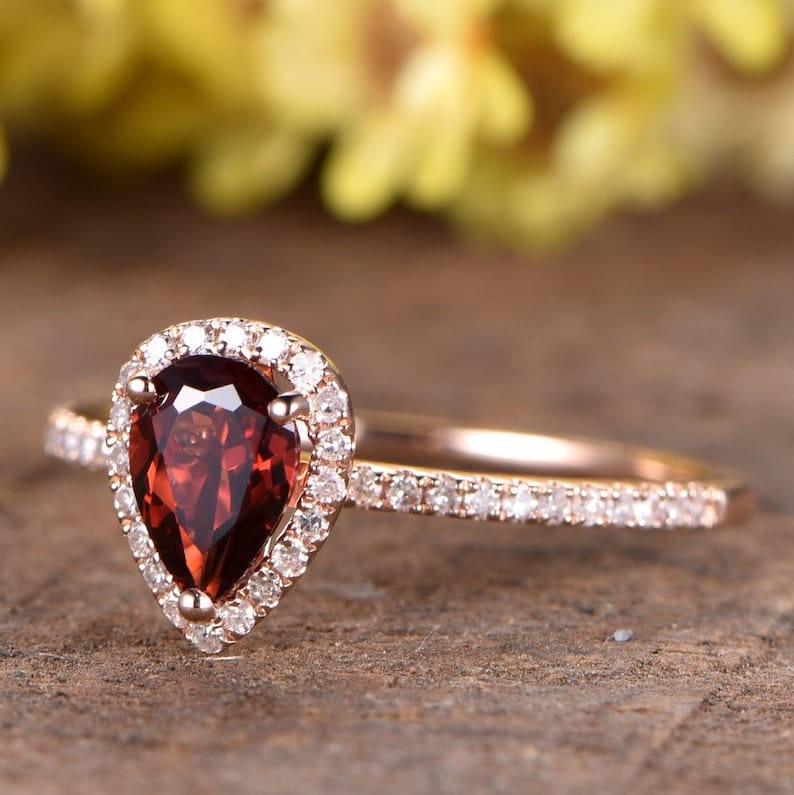 2ct Pear Shaped Garnet Rose Gold Diamond Wedding Bridal Ring - JBR Jeweler