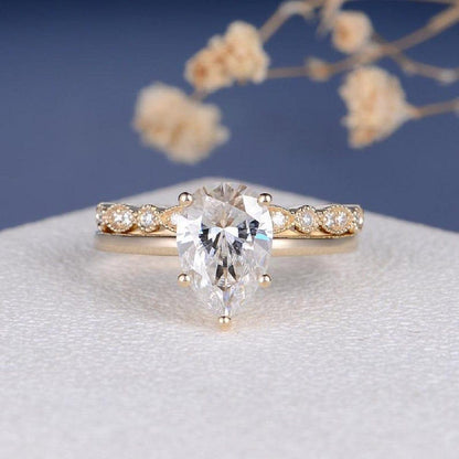 2ct Pear Shaped Stacking Minimalist Yellow Gold Solitaire 2pcs Moissanite Engagement Ring - JBR Jeweler