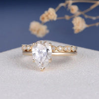 2ct Pear Shaped Stacking Minimalist Yellow Gold Solitaire 2pcs Moissanite Engagement Ring - JBR Jeweler