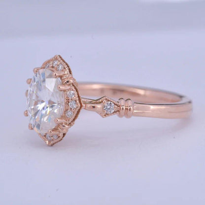 2ct Vintage Halo Oval Cut Rose Gold Promise Moissanite Engagement Ring - JBR Jeweler