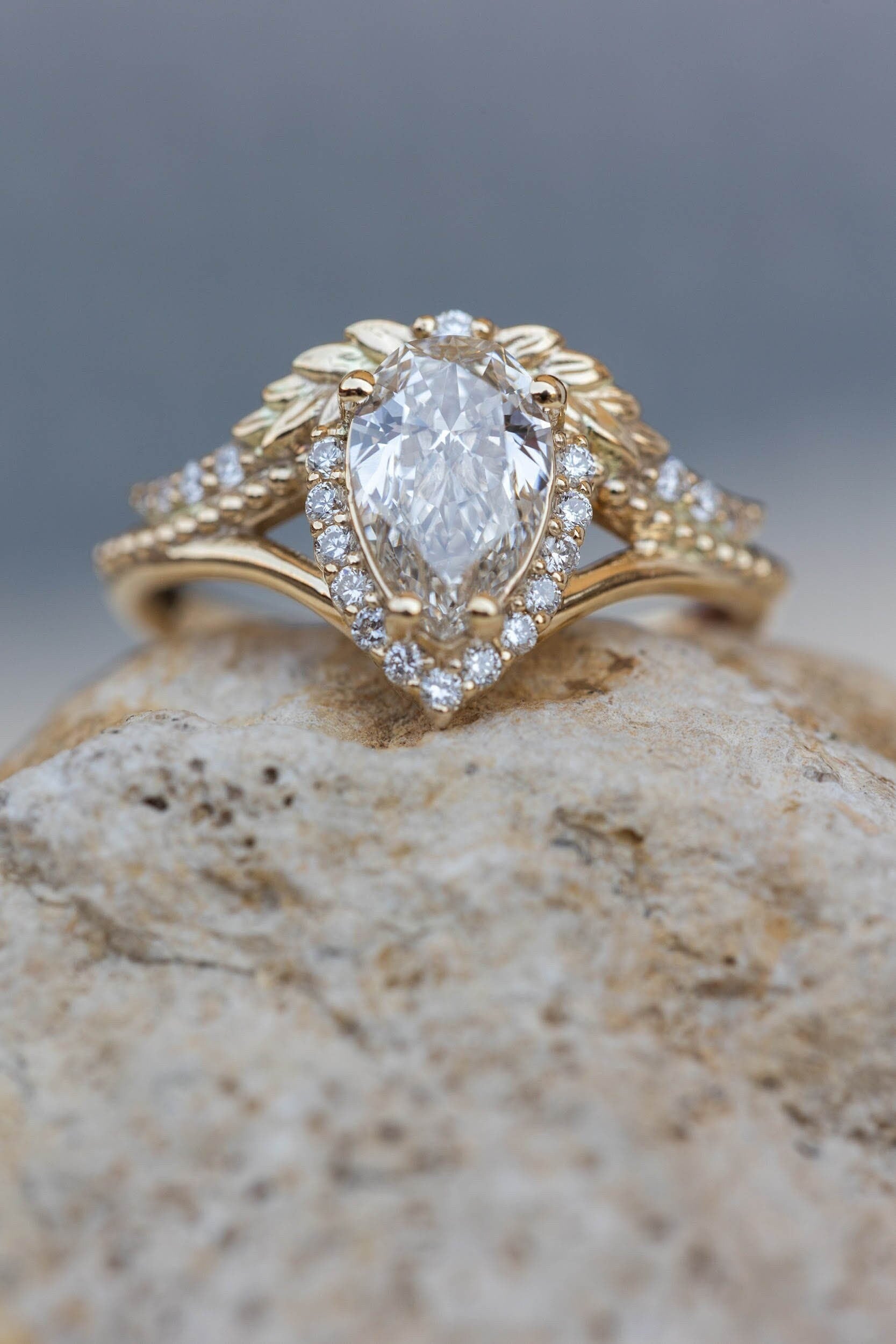 Pear Cut Halo Engagement Ring 3.41 CT Antique Style Design