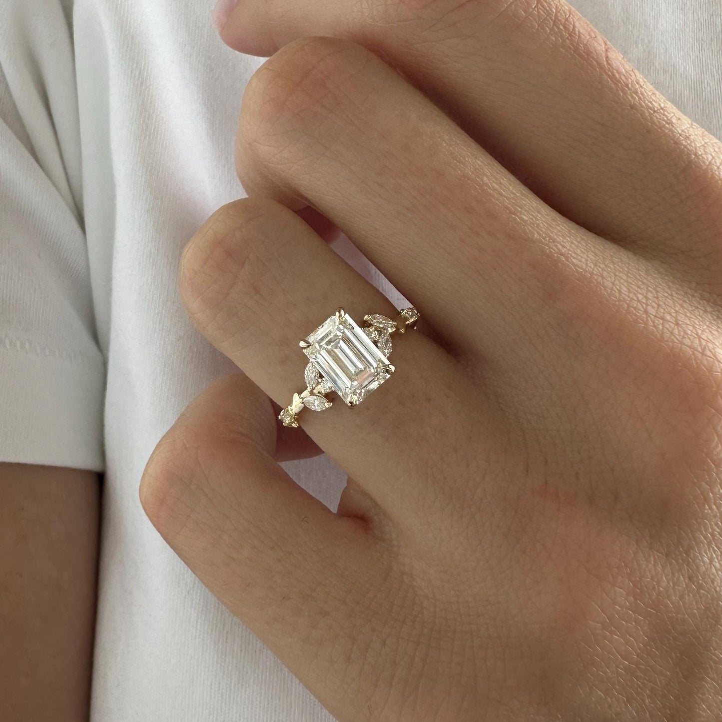 3.70 CT Emerald-Cut Lab-Grown Diamond Nature-Inspired & Leaf Design Branch Boho Engagement Ring