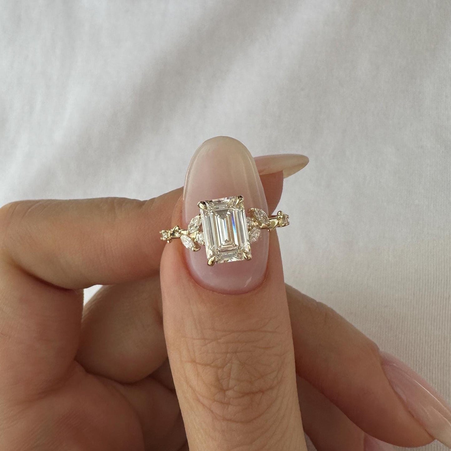 3.70 CT Emerald-Cut Lab-Grown Diamond Nature-Inspired & Leaf Design Branch Boho Engagement Ring