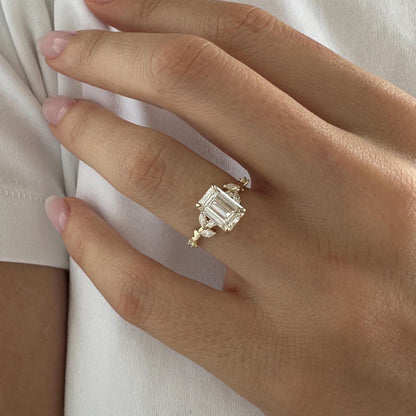 3.70 CT Emerald-Cut Lab-Grown Diamond Nature-Inspired & Leaf Design Branch Boho Engagement Ring