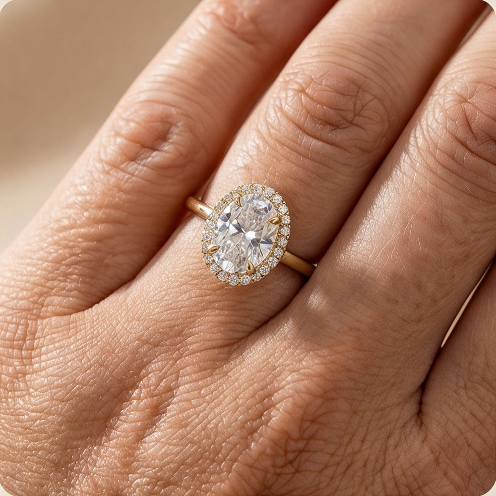Lab grown diamond ring on hand, 14K gold band