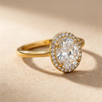 Lab grown diamond halo engagement ring, oval, 3CT gold