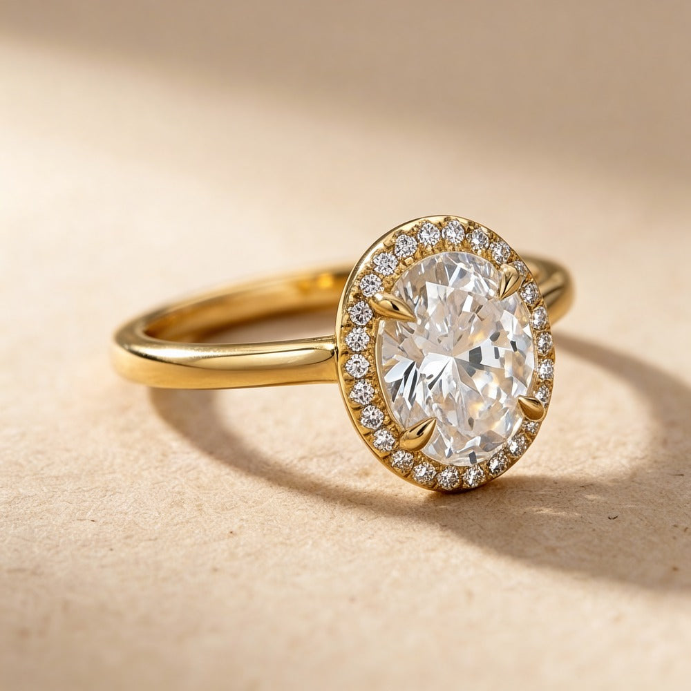 Lab grown diamond halo engagement ring, oval, 3CT gold