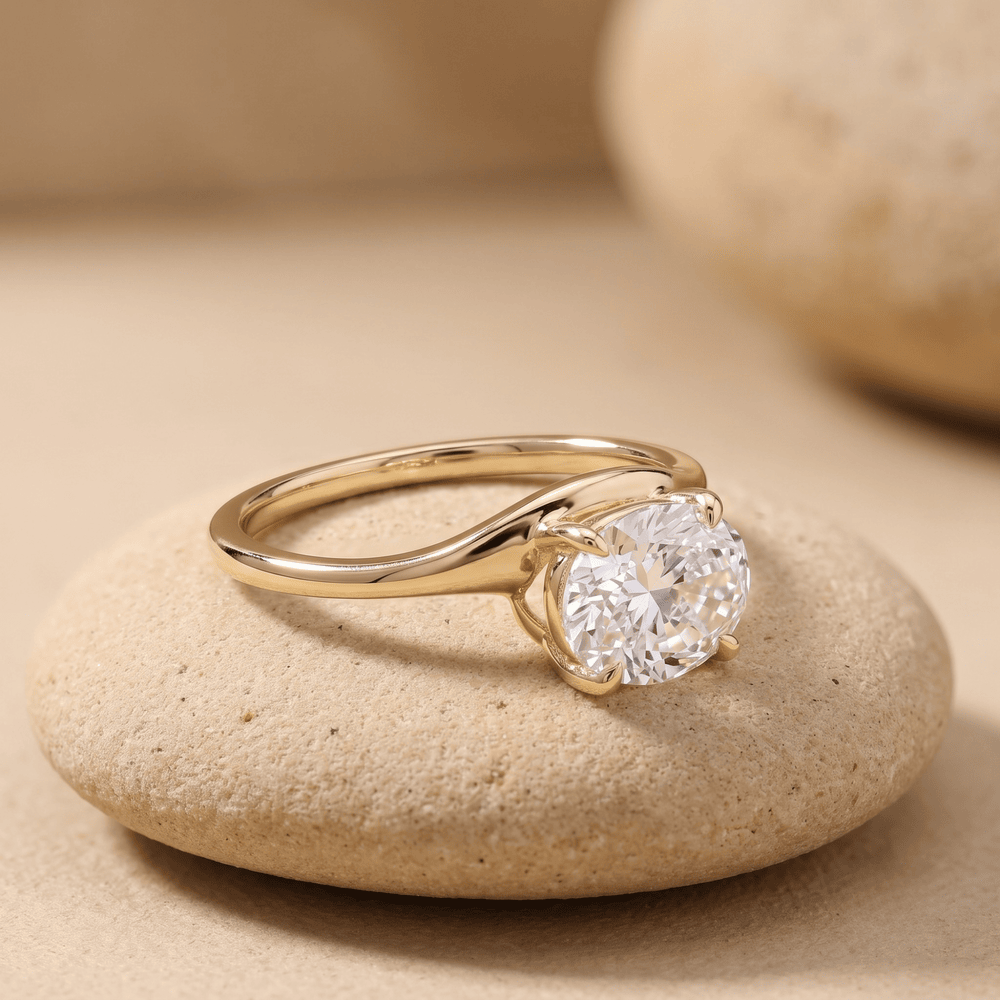 Curved horizontal oval moissanite proposal ring side view