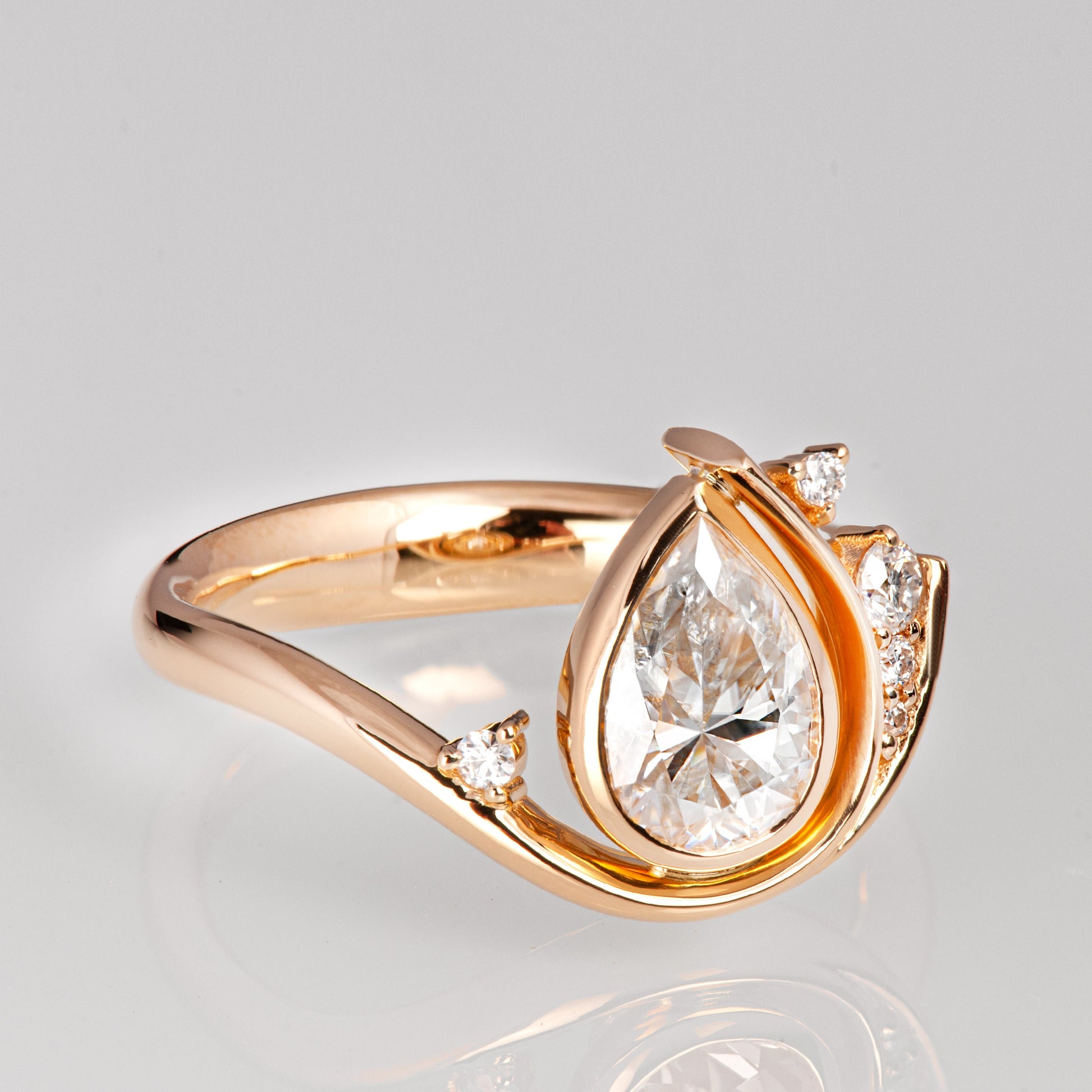 3 CT Pear Cut Lab-Grown Diamond Twisting Vines Engagement Ring with 14K Gold Halo Unique & Elegant Design