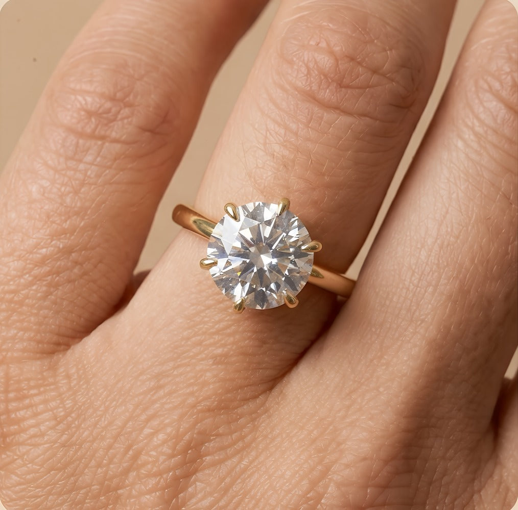 Round diamond engagement ring worn on hand