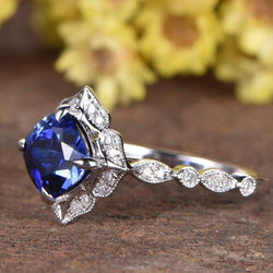 3CT Cushion Blue Sapphire & Moissanite Filigree 14k White Gold Ring - JBR Jeweler