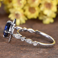 3CT Cushion Blue Sapphire & Moissanite Filigree 14k White Gold Ring - JBR Jeweler