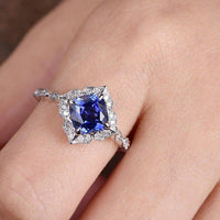 3CT Cushion Blue Sapphire & Moissanite Filigree 14k White Gold Ring - JBR Jeweler