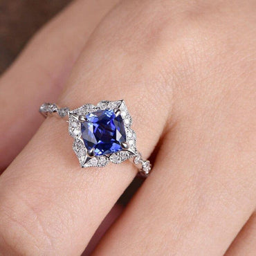 3CT Cushion Blue Sapphire & Moissanite Filigree 14k White Gold Ring - JBR Jeweler