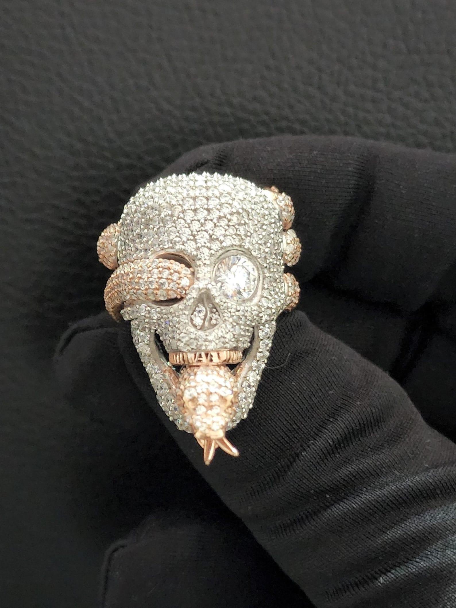 3D Skull Face & Snake 925 Silver Studded Moissanite Diamond Man's Hip hop Ring - JBR Jeweler