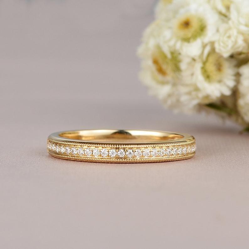 3MM Wide Women Milgrain Yellow Gold Half Eternity Moissanite Wedding Band - JBR Jeweler