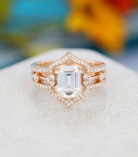 3PCS Emerald cut Rose gold Cluster wedding Bridal Moissanite Engagement Ring Set - JBR Jeweler