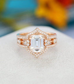 3PCS Emerald cut Rose gold Cluster wedding Bridal Moissanite Engagement Ring Set - JBR Jeweler