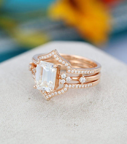 3PCS Emerald cut Rose gold Cluster wedding Bridal Moissanite Engagement Ring Set - JBR Jeweler