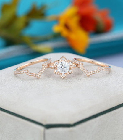 3PCS Flower Shape Rose gold Milgrain Marquise Wedding Bridal Moissanite Ring Set - JBR Jeweler