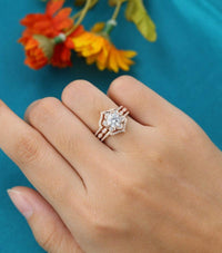 3PCS Flower Shape Rose gold Milgrain Marquise Wedding Bridal Moissanite Ring Set - JBR Jeweler