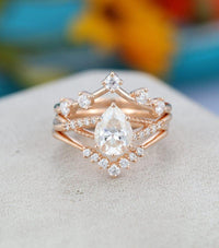 3PCS Pear Cut Rose Gold Wedding Bridal Moissanite Engagement Ring Set With Matching Band - JBR Jeweler